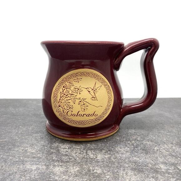 Colorado Hummingbird Graphic Burgundy Glaze 12oz Stoneware Coffee Mug Signed JC - Picture 1 of 9